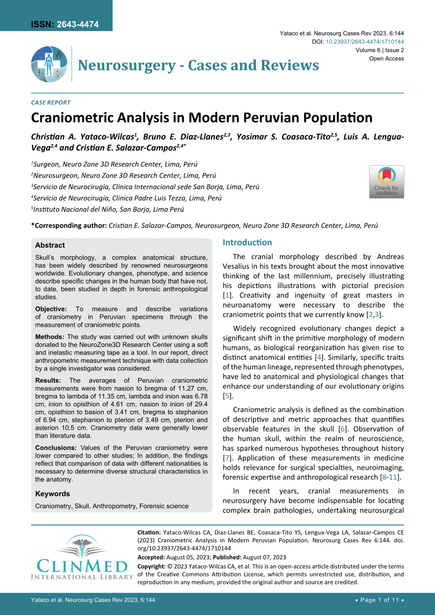 Craniometric Analysis in Modern Peruvian Population. Neurosurg Cases