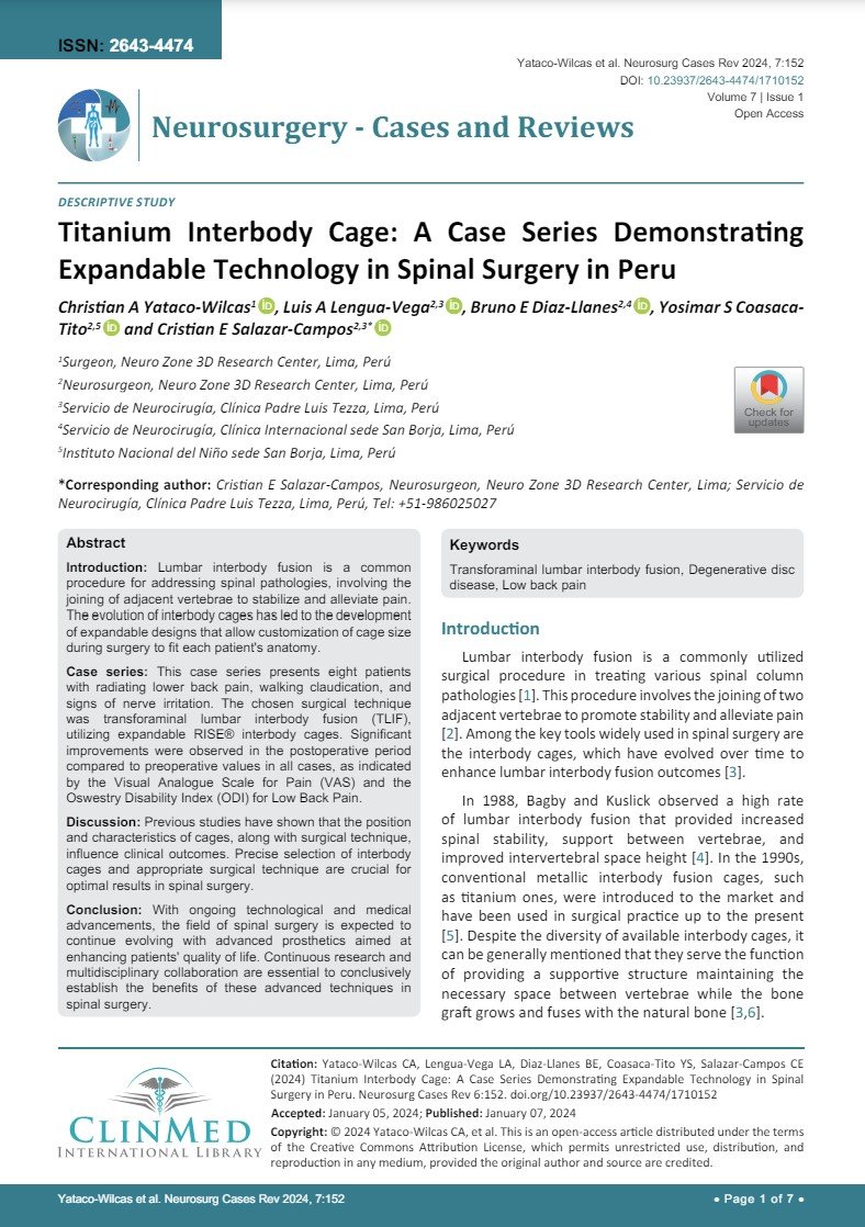 Titanium Interbody Cage A Case Series Demonstrating Expandable Technology in Spinal Surgery in Peru. Neurosurg Cases