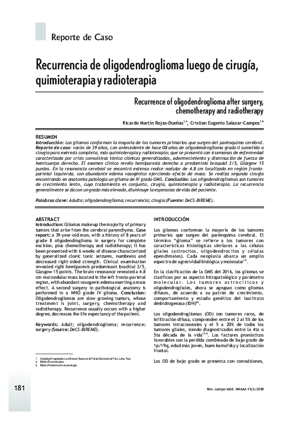 cristian salazar campos recurrencia del oligodendroglioma luego de cirugía, quimioterapia